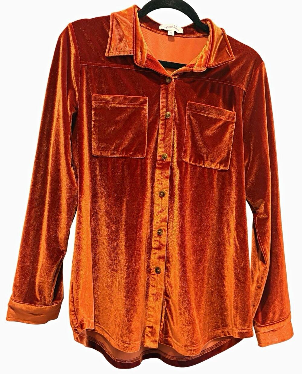 Jess Lea Burnt Orange Rust Fall Velvet Button-Up Shirt Collared Long Sleeve S